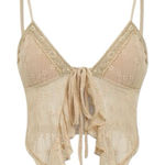 Source Unknown Lace Tie Front Beige Tan Cropped Spaghetti Strap Semi Sheer Tank Top Photo 0