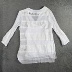 Women White Floral Lace Shirt Large V Neck Roll Tab Sleeve Boho Romantic Coastal Photo 2