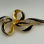 1980s Gold Plated Black Enamel Sparkly Diamanté Bow Brooch Party Evening Outing Photo 1