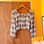 Sim & Sam  Grey & White Plaid Button Up Crop Top M - NWT Photo 1
