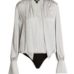 Paige Saffron Satin Silver White Gray tie plunge neck bodysuit long sleeve top Photo 0