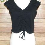 Roxy Black Cropped Knit Rib Top Size L Short Ruffle Sleeve Ruched Tie Up V-Neck Photo 0