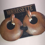 Morrissette Huge Vintage Gold Tone Brown Wooden Retro Boho Hoop Earrings Photo 0