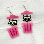 Funky Raccoon Trash Can Earrings: Glitter Acrylic, Quirky Jewelry Pink Photo 1