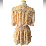 AQUA  Floral Print Smocked Dress Beige/Tan/yellow V Neck Tiered Ruffle Size L Photo 5