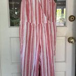 Old Navy  Striped Button Front Linen Blend Jumpsuit Women's Sz S Red White Ruffle Photo 5