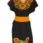 Artisan Handmade black Mexican Embroidered Dress with Sunflowers & Belt Size undefined Photo 0