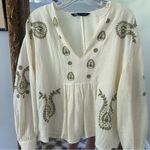 ZARA  Cream and Green Embroidered  Paisley Floral Peplum Top Photo 6