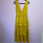 Lulus NEW Peak Party Vibe Mustard Yellow Satin Tiered Tie-Back Midi Dress Large Photo 1