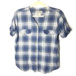 VTG Silk Exchange Blue Plaid Button Up V Neck Short Sleeve Silk Shirt Womens S Photo 0