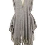 Grey Knit Belt Tie Waist Wrap Poncho Cardigan OSFM Gray Photo 11