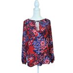 Rebecca Taylor  Silk Floral Long Sleeve Peasant Top Tie Neck Sz 2 Red Purple Photo 8