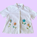 Vintage Y2K white button up blouse with embroidered flowers & scalloped collar🔥 Size L Photo 0