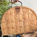 Large Vintage Gingham plaid wooden wicker woven picnic basket handbag duffle suitcase carryon leather handles #cottagecore #fairy #boho #indie Photo 1