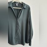 H&M Green Satin Button Down Shirt, Size Large Photo 3