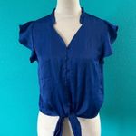 Joie NWT  Blue Satin Ruffled Collar Tie Waist Button Shirt Flutter Sleeve Size S Photo 0