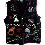 Vintage Ugly Sweater Christmas Storybook Vest Womens Size Medium 90s Beaded Black Photo 0