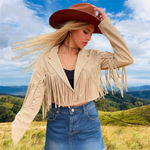 Ivory Faux Suede Fringe Cropped Jacket Western Boho Cowgirl Size XL 12 Photo 0