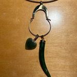 Vintage Gold Tone Choker Green Jade Horn & Heart Pendant Necklace Photo 12