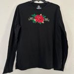 🦋 Black Red Floral Poinsettia Holiday Winter Christmas Long Sleeve Top XXL Photo 0