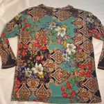 Johnny Was  Indi Flower Henley Tee Navy Brown Red Floral 95% Bamboo Boho Fall XS‎ Photo 4