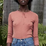 Doen Annie tie neck pointelle long sleeve tee top Bruschetta (terracota) sz XL Orange Photo 0