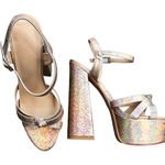 Mettesally Women's Prism Shiny Open Toe‎ Sandals Chunky Block Platform Heels 8.5 Gold Photo 0