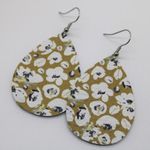 Handmade Lightweight Genuine Leather White Poppies on Mustard Teardrop Earrings Photo 3