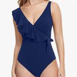 Gottex Blue Ruffle Solid 1 Piece Swim Bathing Suit NEW 12 Photo 0