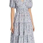 Tory Burch  Light Blue Floral Lace Lined Tiered VNeck Midi Dress Size 8 Photo 0