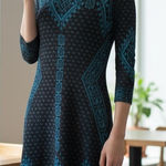 5 Twelve Long Sleeve Black Teal Blue Patterned Sweater Knit Dress Medium M Photo 0