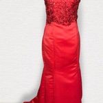 Handmade Red Mermaid Sleeveless Floral Lace Embroidered Beaded Fitted Formal Prom XS Photo 0