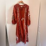 Anthropologie  Boho Embroidered Rust Midi Dress | Puff Sleeve Ethnic Folk Style M Photo 2