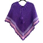 None Granny Square Crochet Purple Poncho One Size Pom Poms Grannycore Photo 0