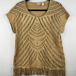 Chico's Chico’s Metallic Gold Tan Open Weave Crochet Knit Fringe Top Women Size 3 Large Photo 0