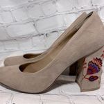 RESTRICTED Block Heel Tan Faux Suede w Embroidered Floral Heels Photo 0