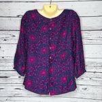 Britt Ryan M Geometric Print Decorative Exposed Button Back 100% Silk Blouse Top Photo 1