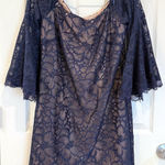 Trina Turk  Los Angeles Navy Blue Lace Overlay‎ Dress Size 6 Bell Sleeves Photo 0