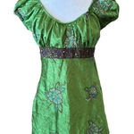 Y2K Crinkle Satin Blouse Babydoll Top Green Floral Lace Trim Womens Size XL Photo 0