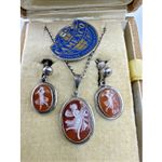 Art Deco Antique Cameo Earrings Necklace Set 800 Silver Original Box Italy Photo 1