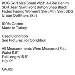 BDG Skirt Size Small W23" A-Line Denim Skirt Jean Skirt Photo 1