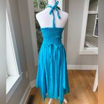 Vintage 70’s Handmade Turquoise Embroidered Halter Handkerchief Hem Dress Small Blue Photo 3