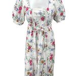L.O.V White Multicolor Floral Puff Sleeve Square Neck Tie Waist Midi Dress Sz S Photo 0