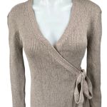 WAYF Women's Beige Ribbed Knit Long Sleeve Wrap Tie Mini Sweater Dress Size M Photo 2