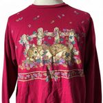 Vintage Cozy Red Cat & Fence Graphic Sweatshirt Women's Long Sleeve Top FLAW Size M Photo 1