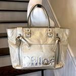 Chloé CHLOE Eclipse Logo Embellished Gold Distressed Tote Bag Exterior Zippers Photo 0
