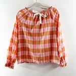 J.Crew  Long Sleeve Ruffle Tie Back Plaid Cotton Blouse Top Orange Pink Large Photo 4
