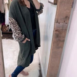 None Boutique Olive green and leopard print poof sleeve knit cardigan size large Photo 2
