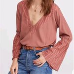 Free People  Parisian Nights Pink Eyelet Bell Sleeve Waffle Knit Top size S Photo 2