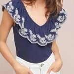 Anthropologie Moulinette Soeurs Embroidered Nautical Navy Sz Medium Top Photo 0